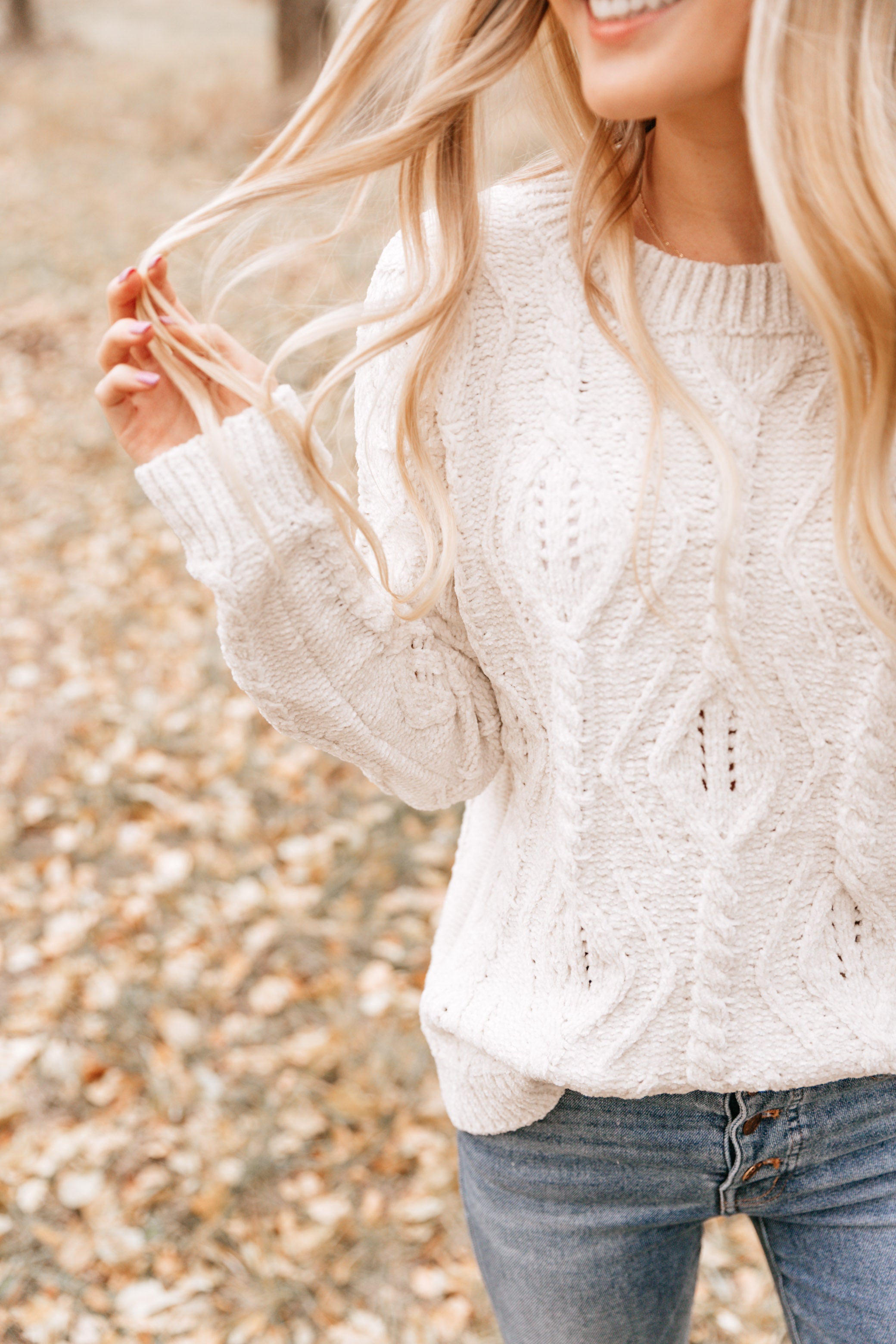 Natural Cable-Knit Crewneck Sweater