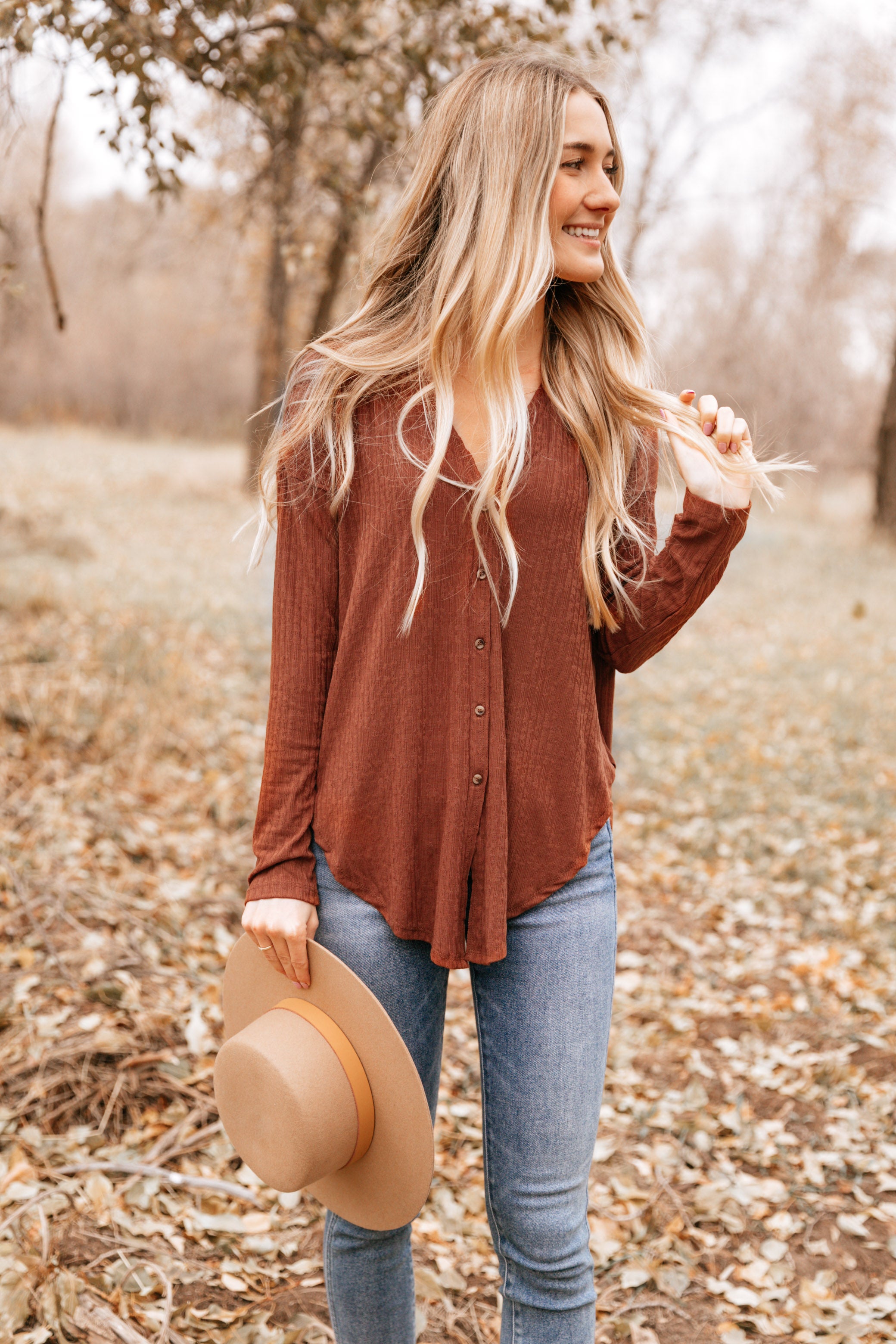 Brown Pointed Hem Button-Up Cardigan