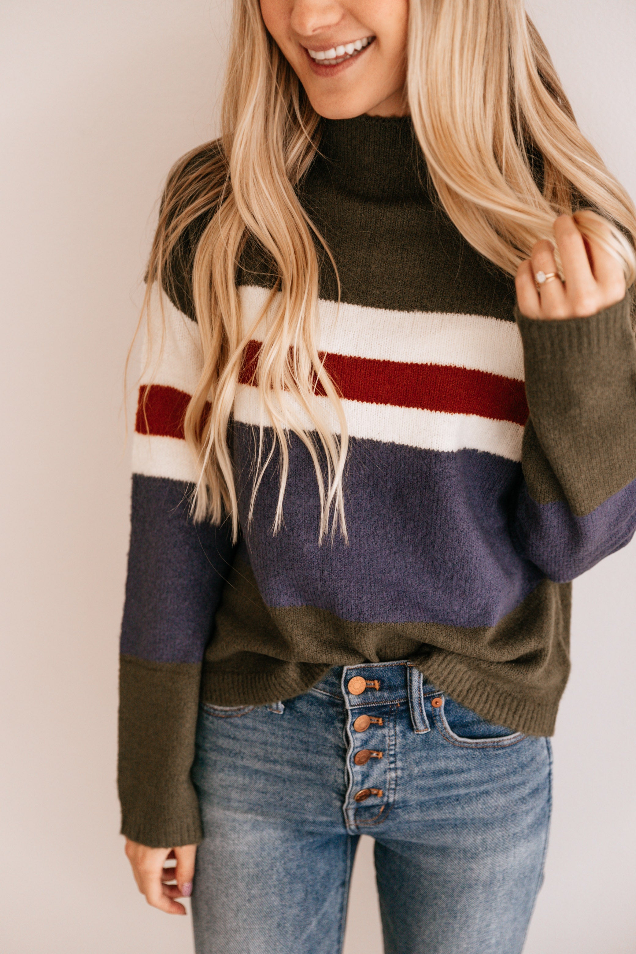 Olive & Blue Stripe Crewneck Sweater