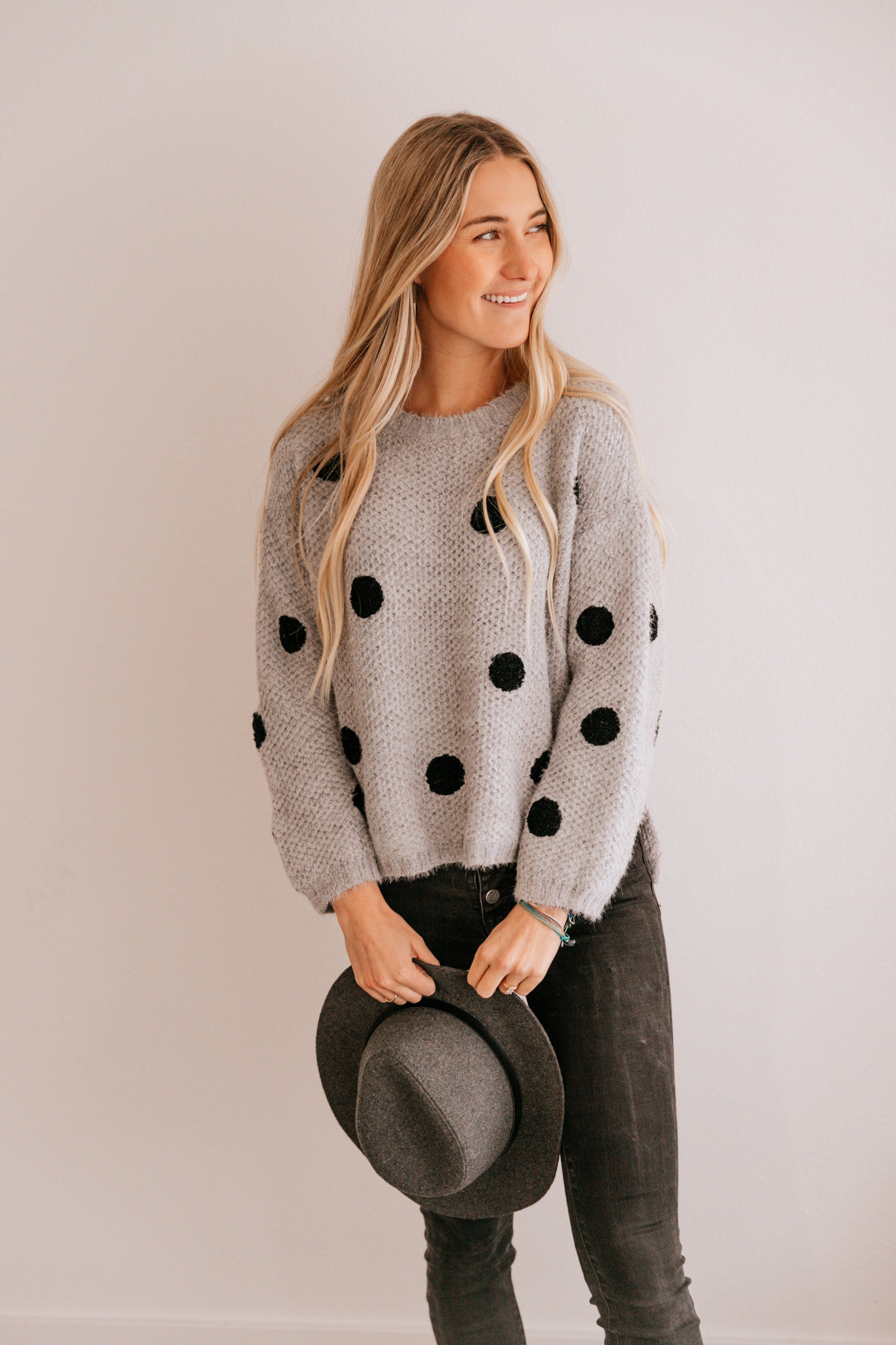 Silver & Black Polka Dot Drop-Shoulder Sweater