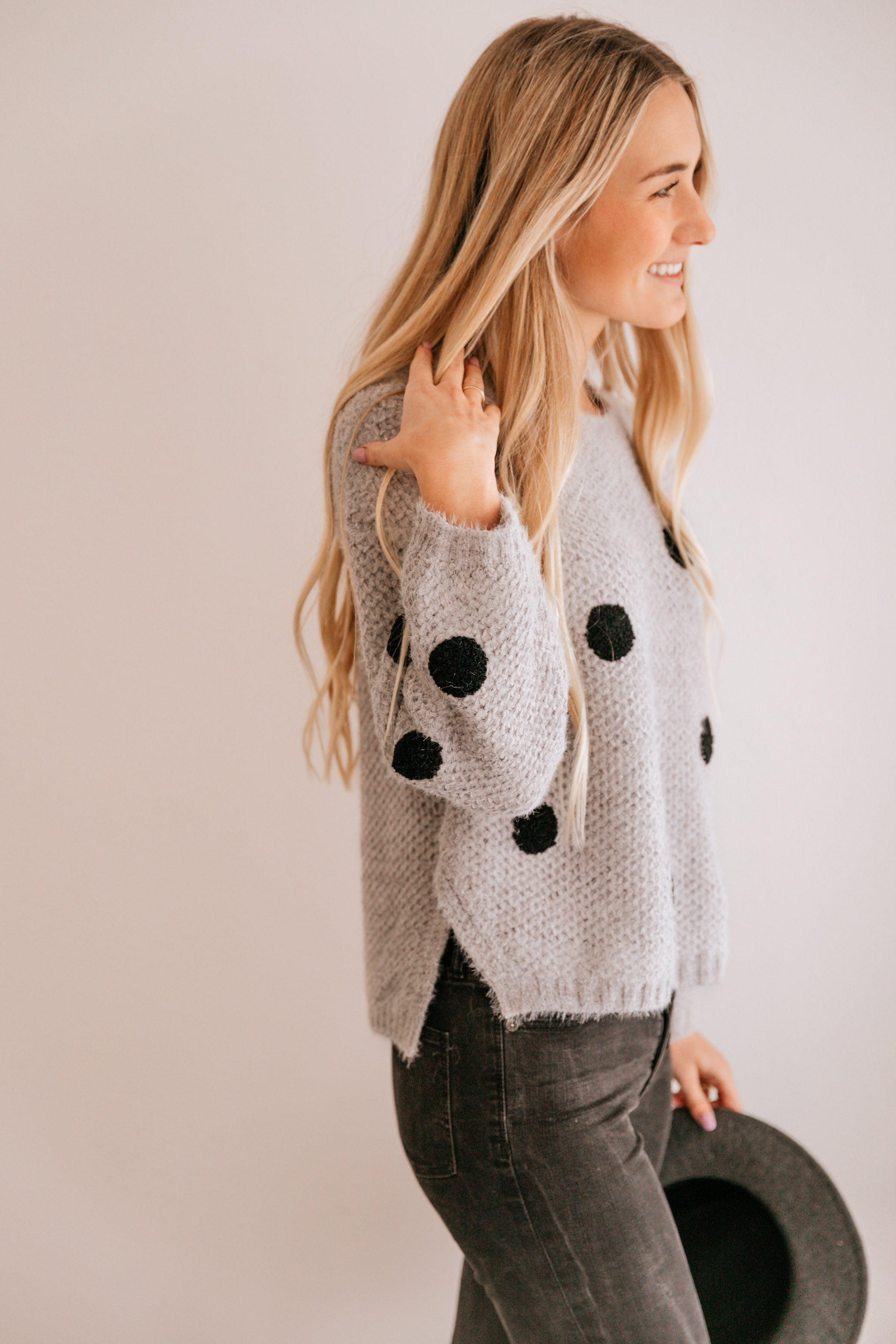 Silver & Black Polka Dot Drop-Shoulder Sweater