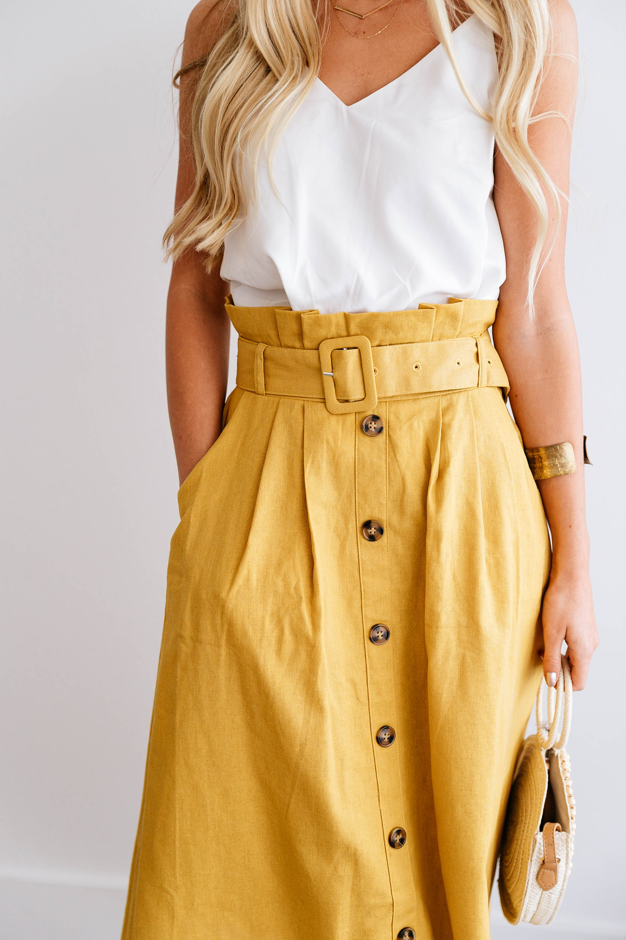 Mustard Pocket Button-Front Skirt