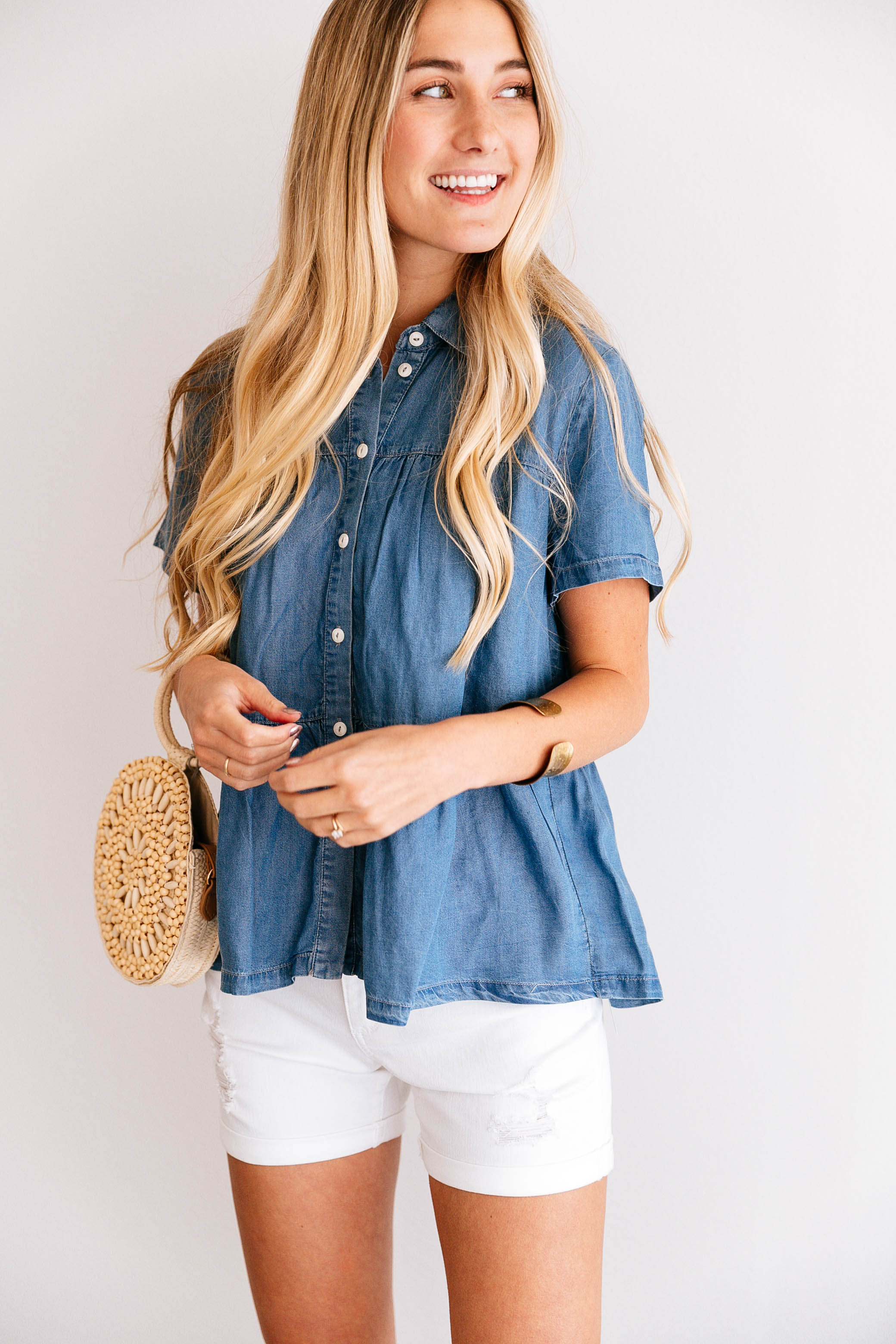 Chambray Tiered Button-Down Top