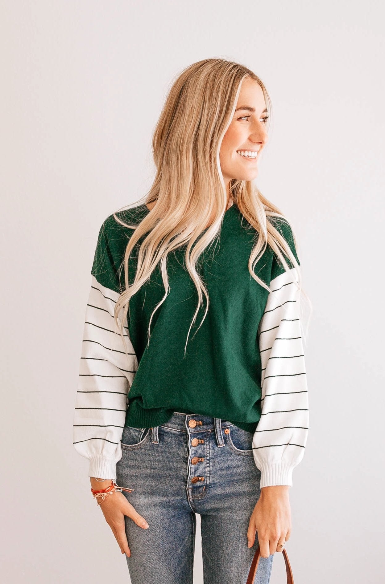Stripe-Sleeve V-Neck Sweater