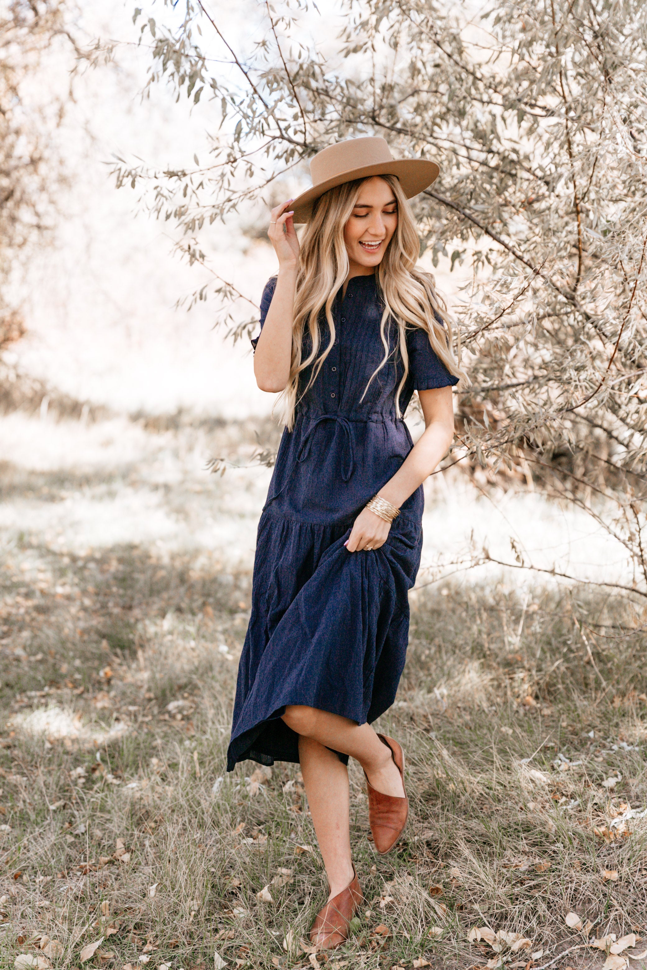 NAVY TIERED PEASANT DRESS