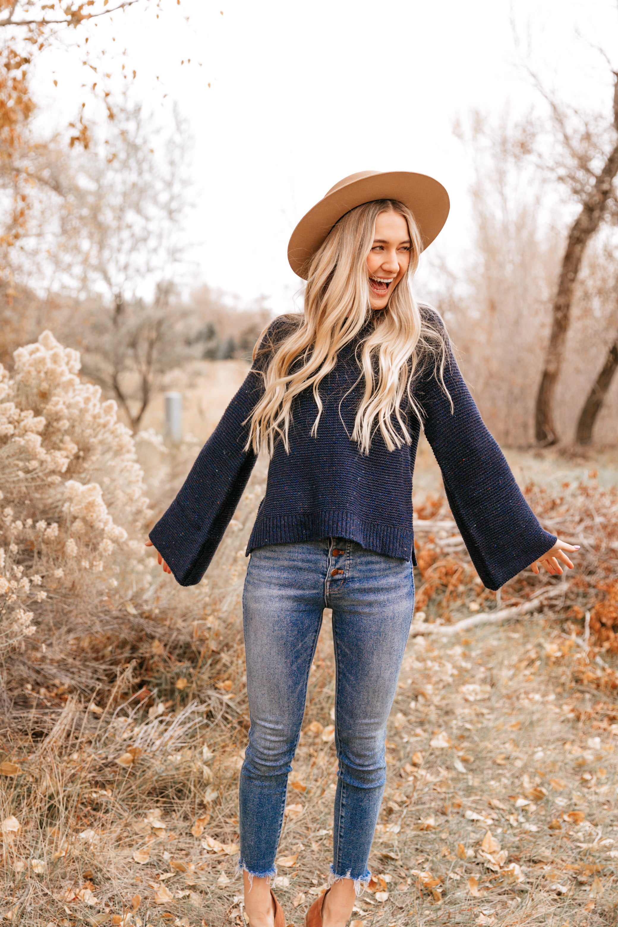Navy Speckled Bell-Sleeve Sweater
