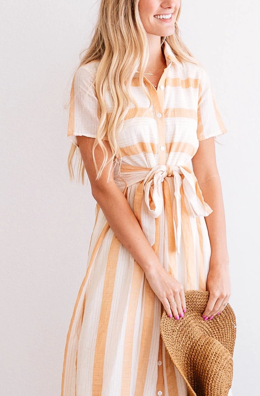 Peach Stripe Tie-Waste Shirt Dress